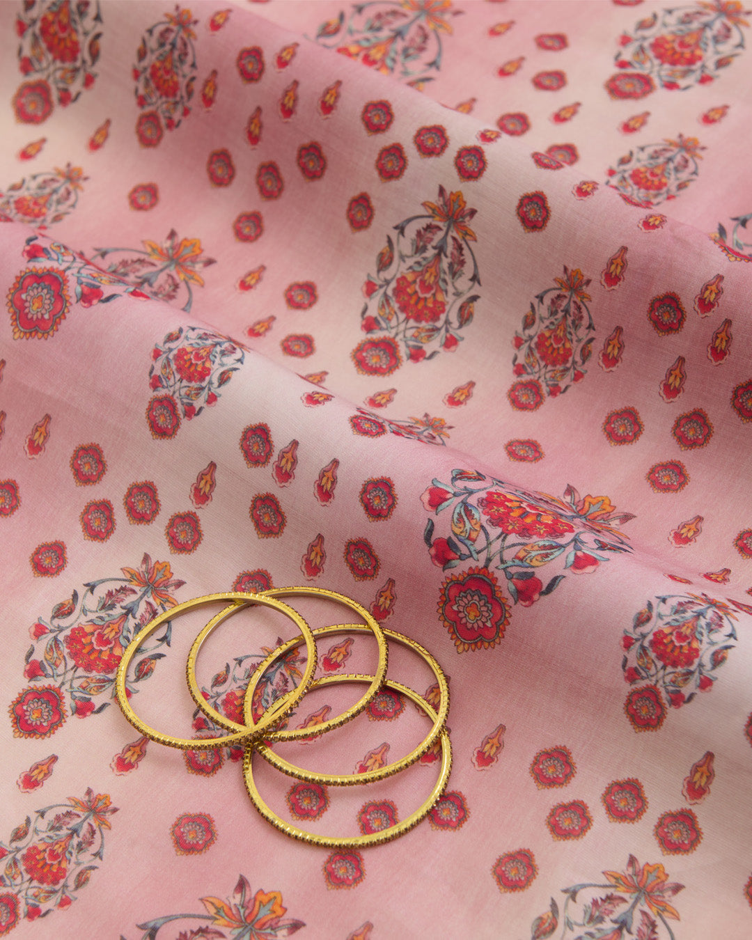 Light Pink Silk Chanderi Floral Buta Printed Fabric