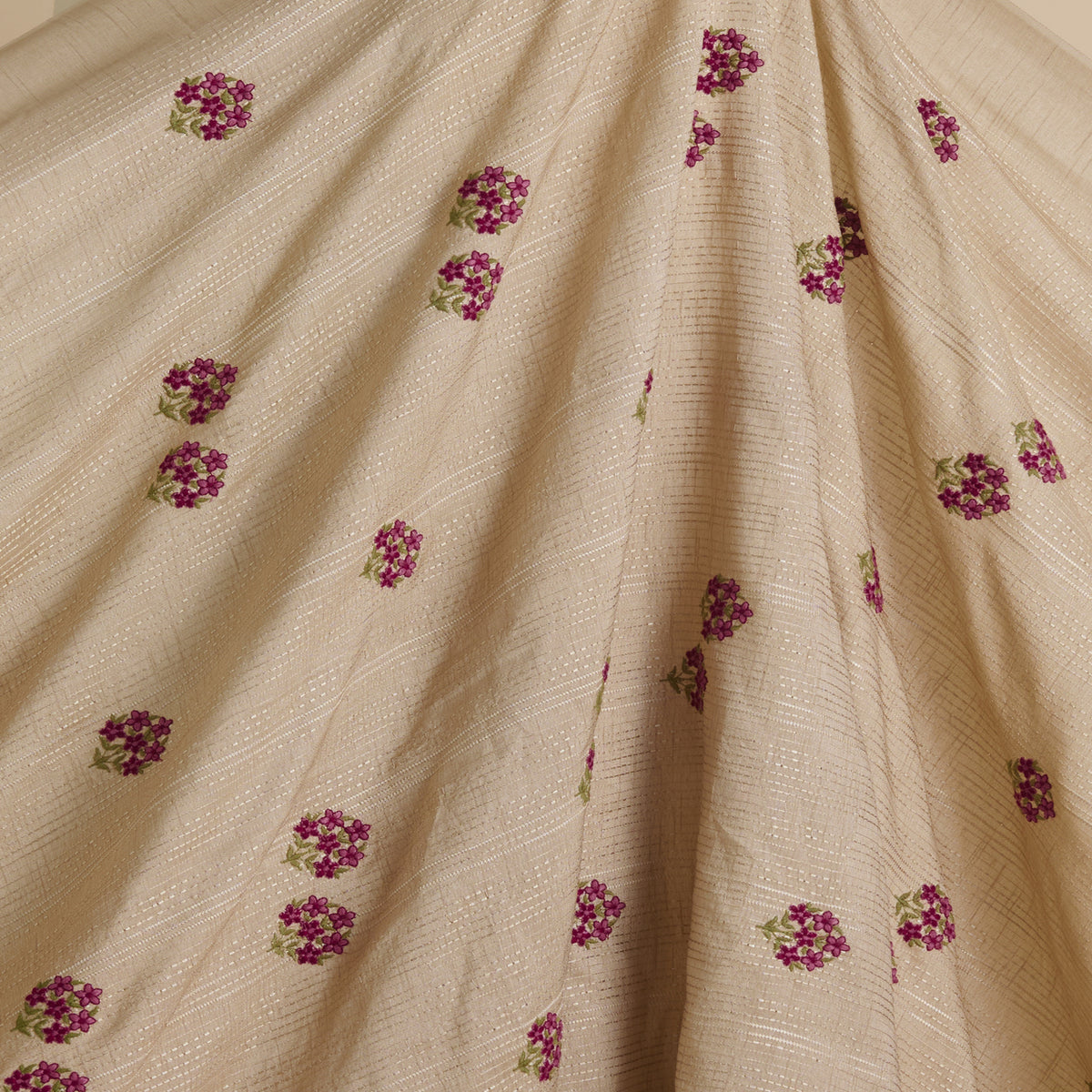Light Beige Slub Silk Thread Embroidered Stripes Buta Fabric
