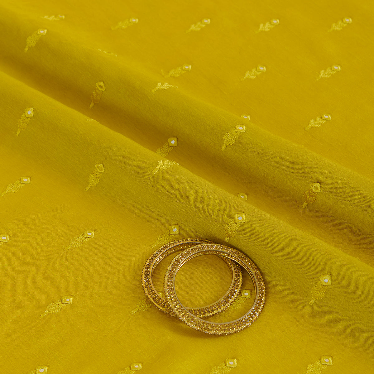 Lime Green Slub Silk Mirror Work Fabric