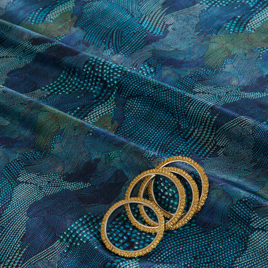 Midnight Blue Satin Silk Abstract Print Fabric