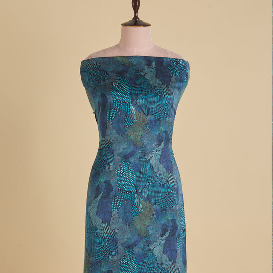 Midnight Blue Satin Silk Abstract Print Fabric