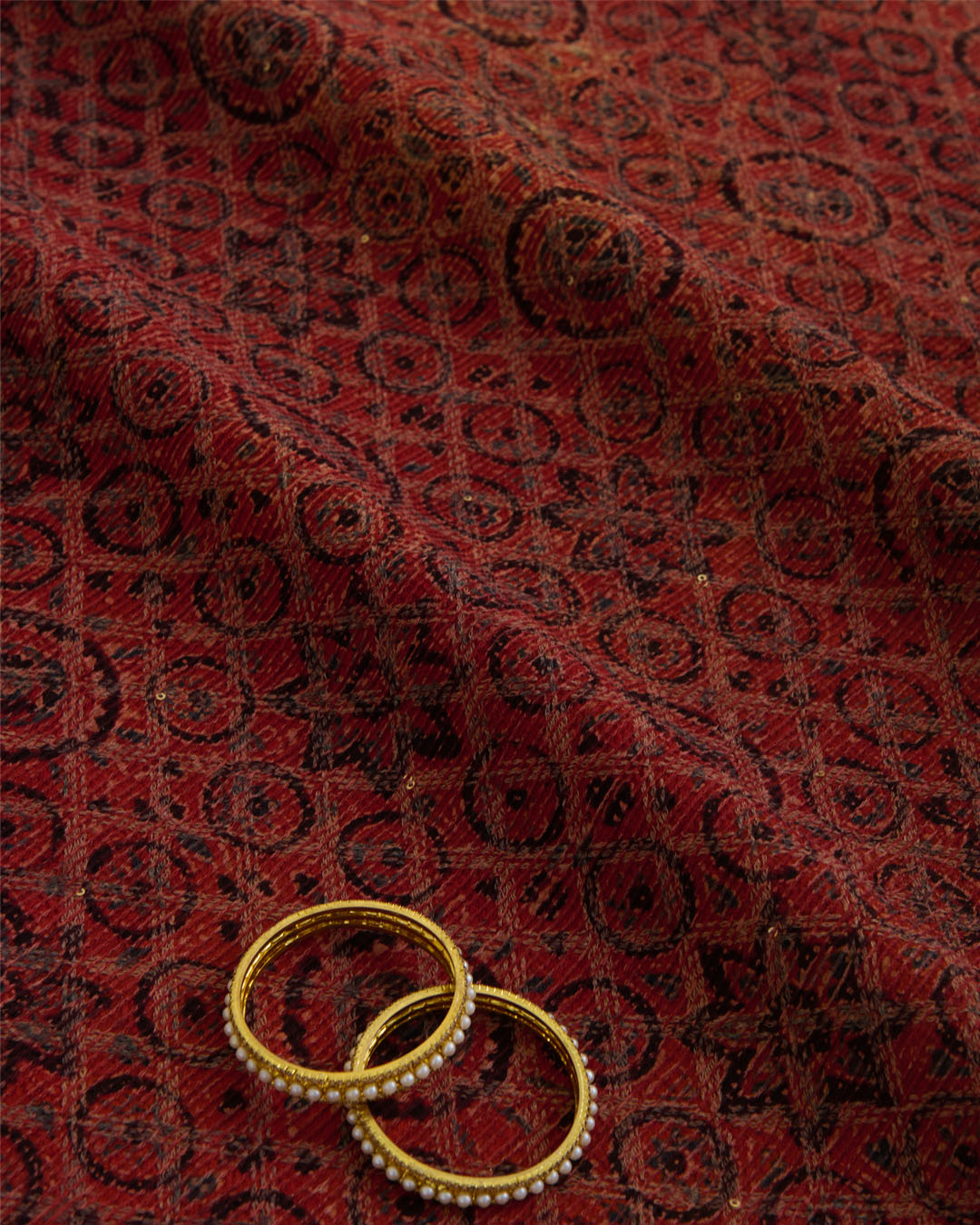 Slub Silk Ajrakh Printed With Stitches & Sequins Embroidery Fabric Maroon