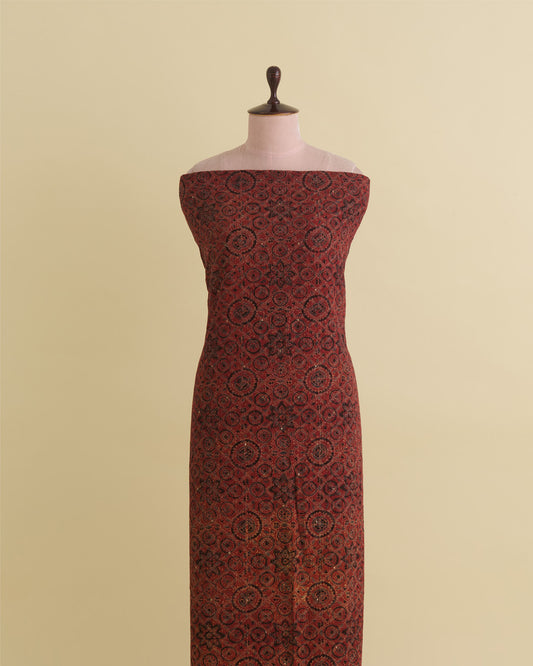 Slub Silk Ajrakh Printed With Stitches & Sequins Embroidery Fabric Maroon