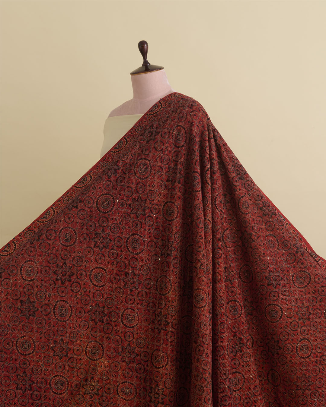 Slub Silk Ajrakh Printed With Stitches & Sequins Embroidery Fabric Maroon