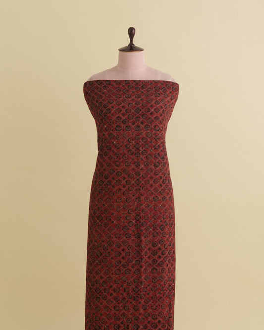 Slub Silk Ajrakh Printed With Stitches & Sequins Embroidery Fabric Maroon