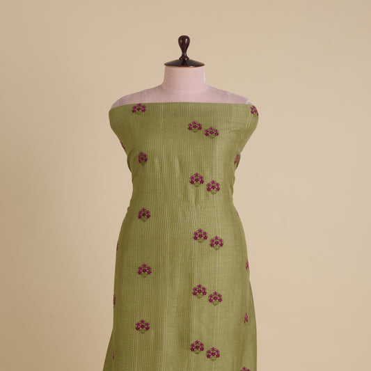 Pista Green Slub Silk Thread Embroidered Stripes Buta Fabric