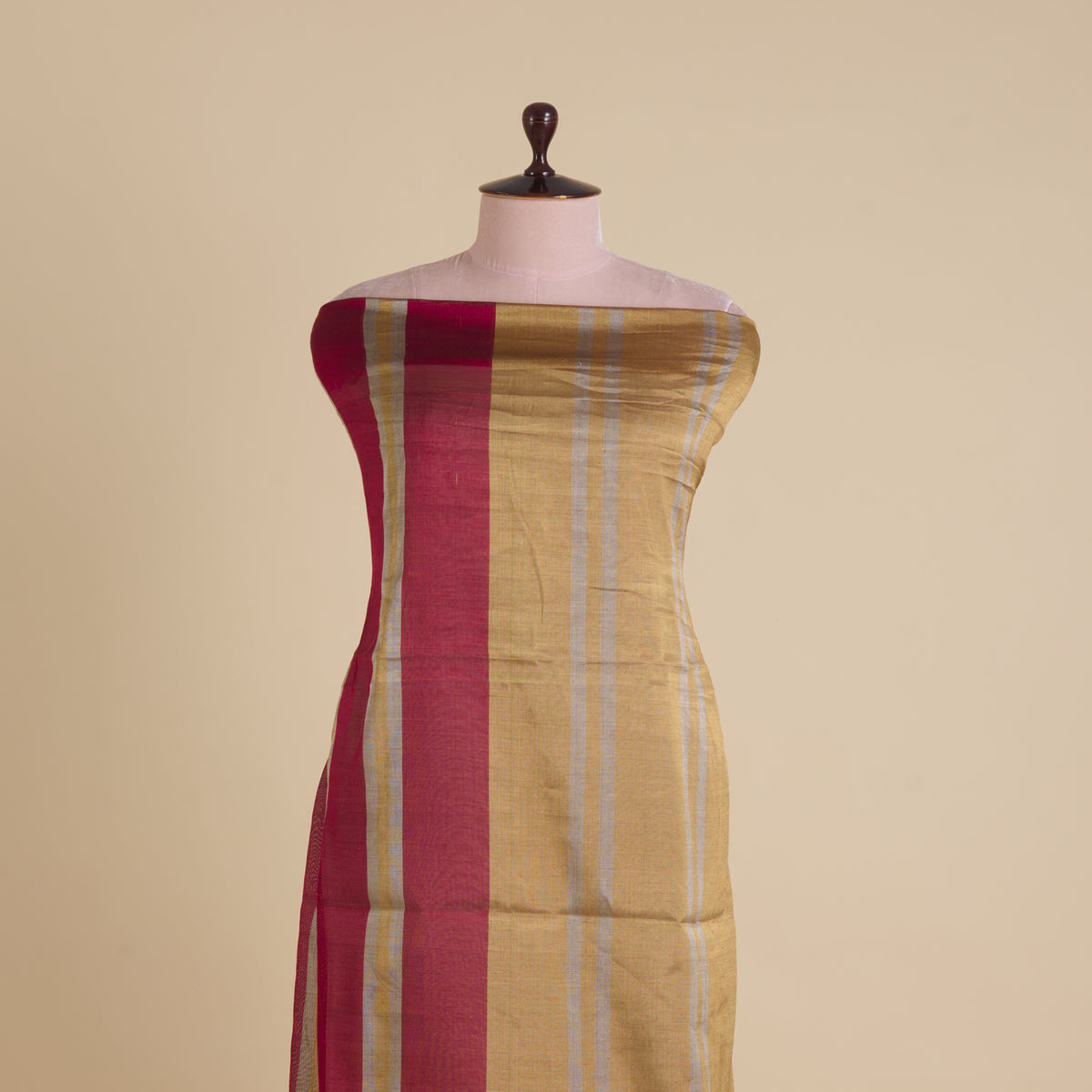 Red Gold Silver Silk Tissue Multi Patta Fabric