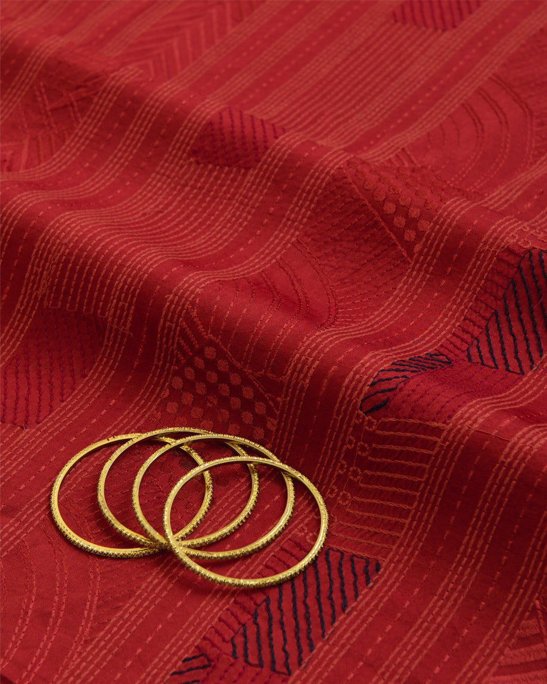 Rust Satin Dupion Fabric with Geometric Thread Embroidery
