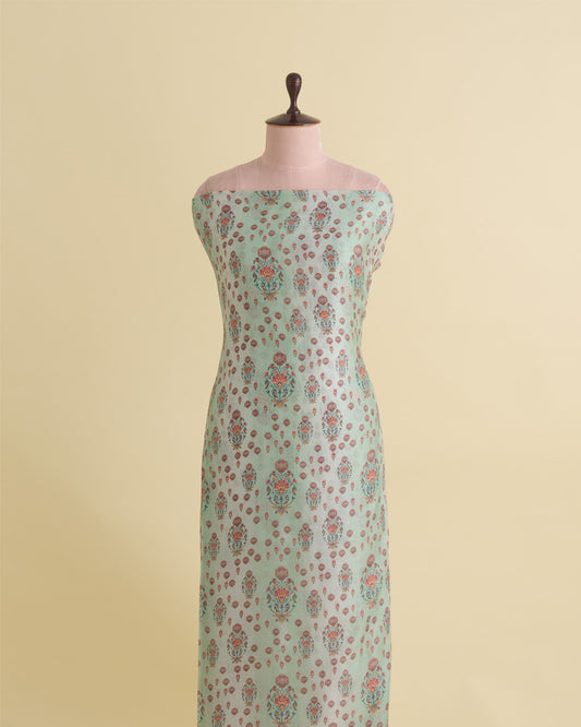 Silk Chanderi Floral Buta Printed Fabric in Sea Green – Lightweight Indian Fabric