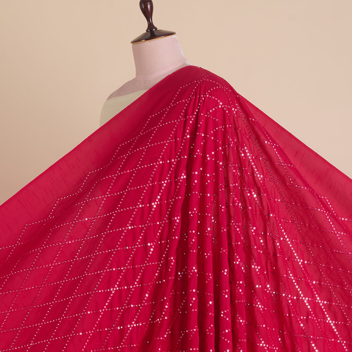 Tomato Pink Slub Silk Geometric Embroidery