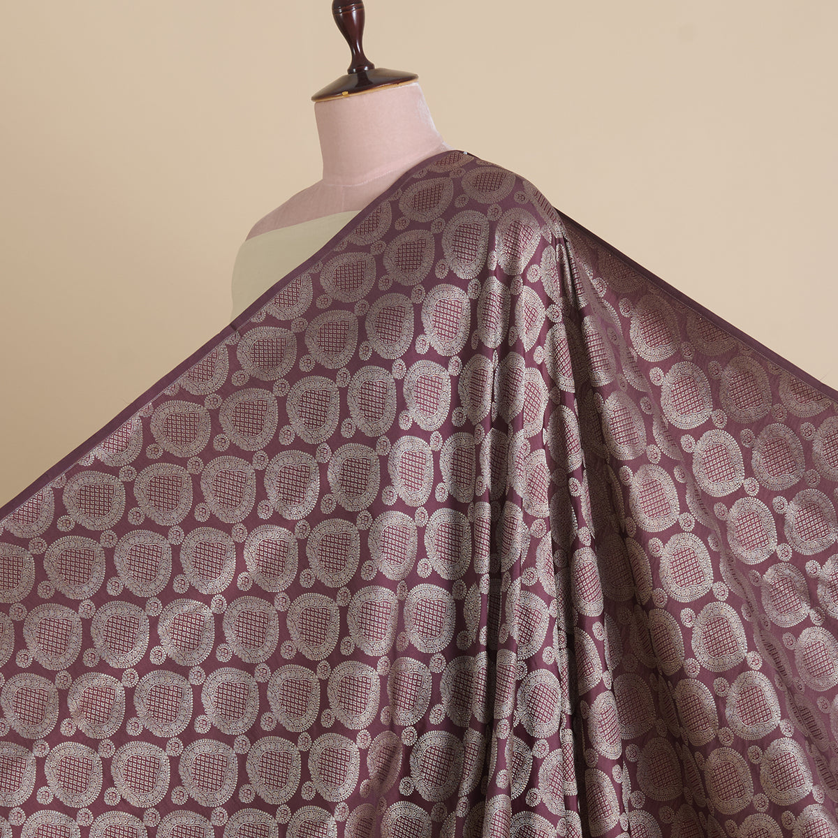 Burgundy Satin Mina Brocade Buta Fabric