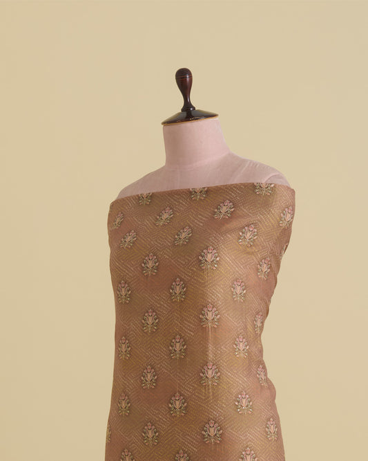 Semi Dupion Printed Buti Fabric with Zari & Sequins Embroidery – Beige Gold