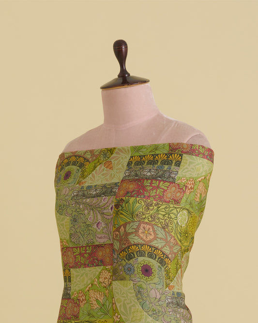 Lime Green Slub Silk Digital Printed Fabric