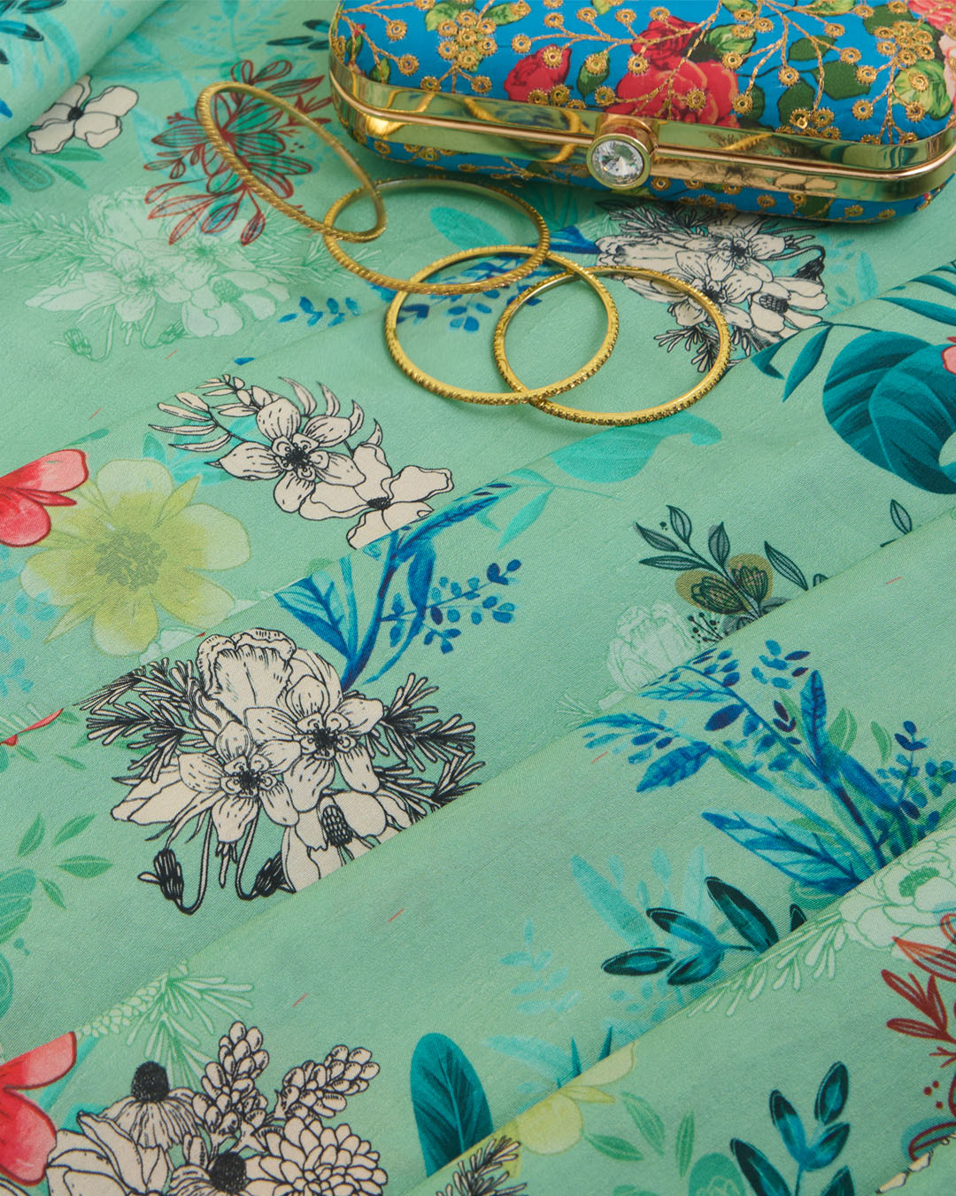 Turquoise Green Slub Silk Digital Printed Fabric