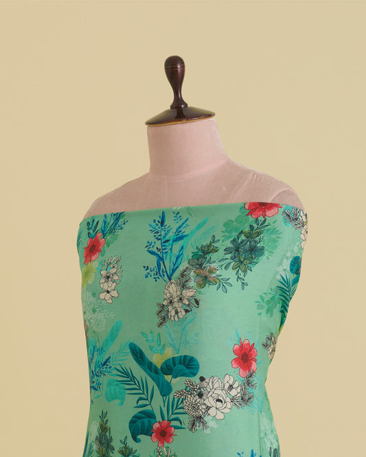 Turquoise Green Slub Silk Digital Printed Fabric