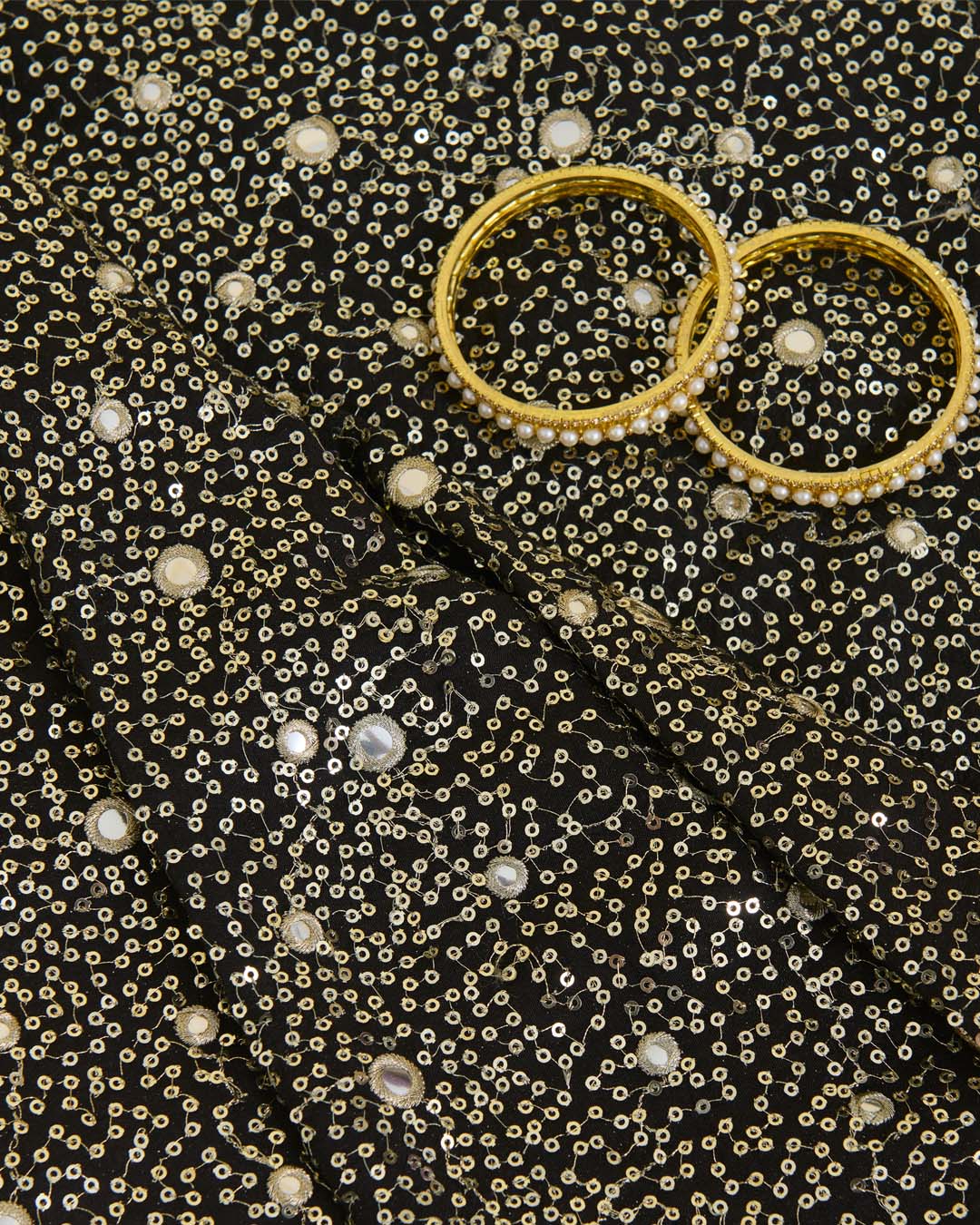 Black Slub Silk Fabric with Mirror & Sequin Work