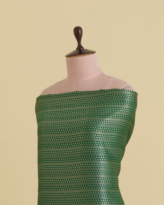Bottle Green Silk Brocade Fabric with Geometric Daman Border