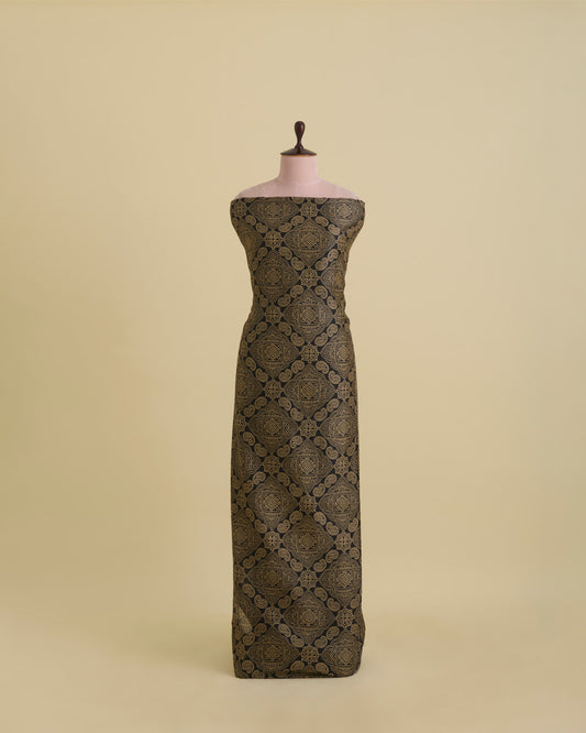 Spun Tussar Geometric Buta Printed Fabric – Black