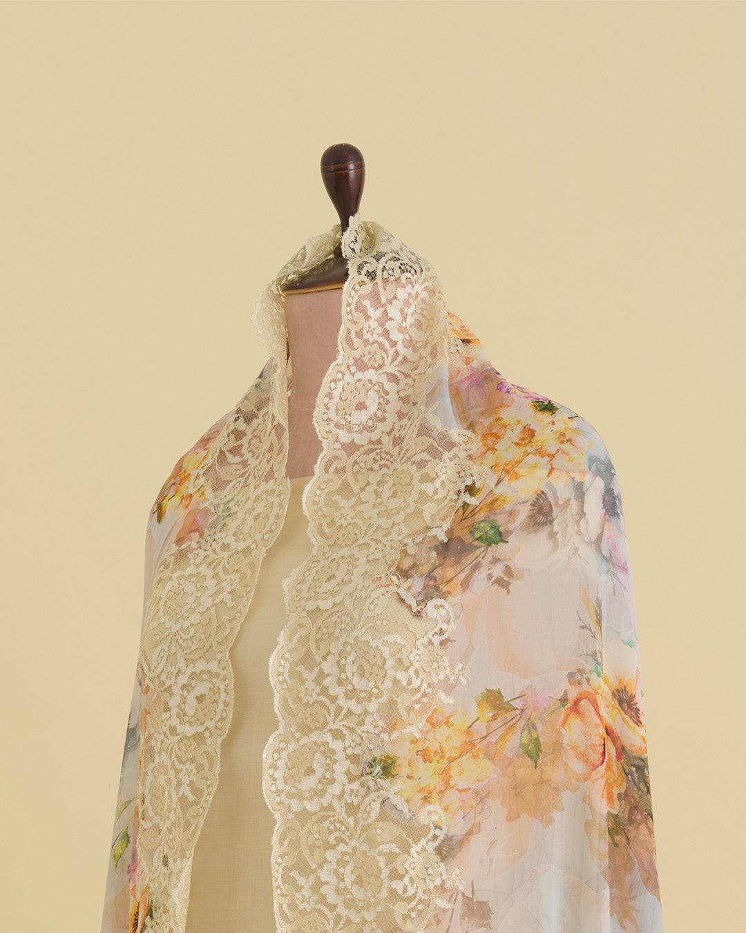 Light Yellow Semi Georgette Printed Dupatta with Lace Border