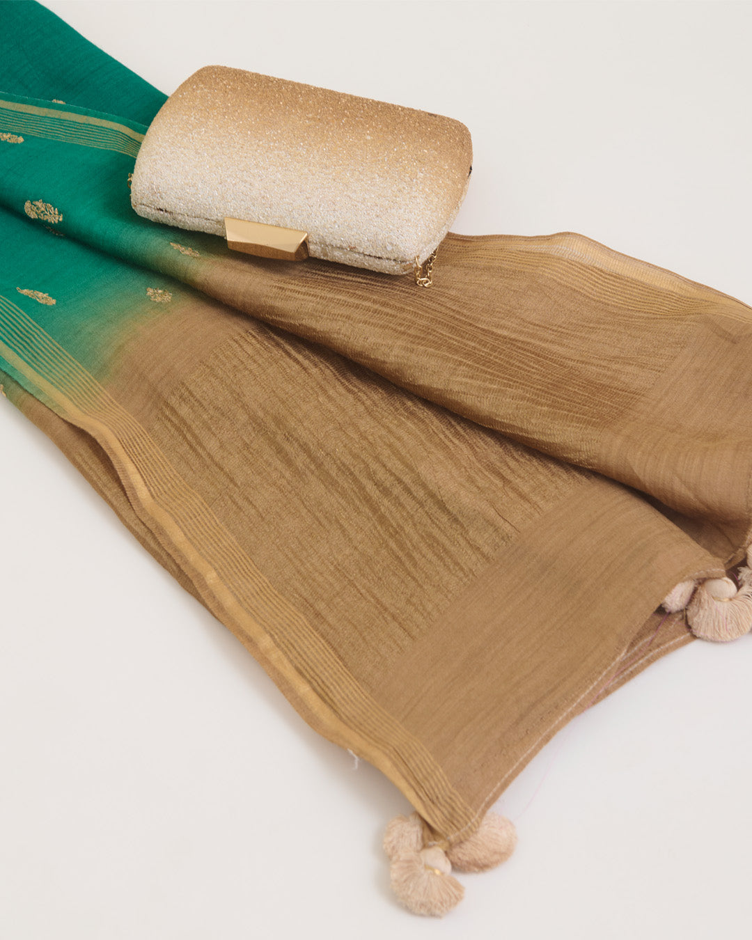 Green & Beige Spun Tussar Zari Buti Shaded Dupatta