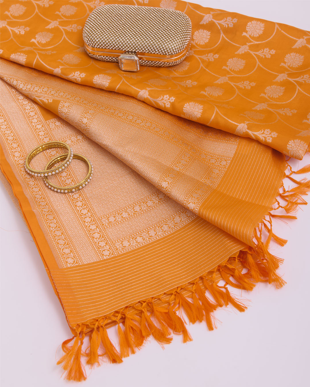 Orange Silk Hand Woven Gold Jaal Dupatta