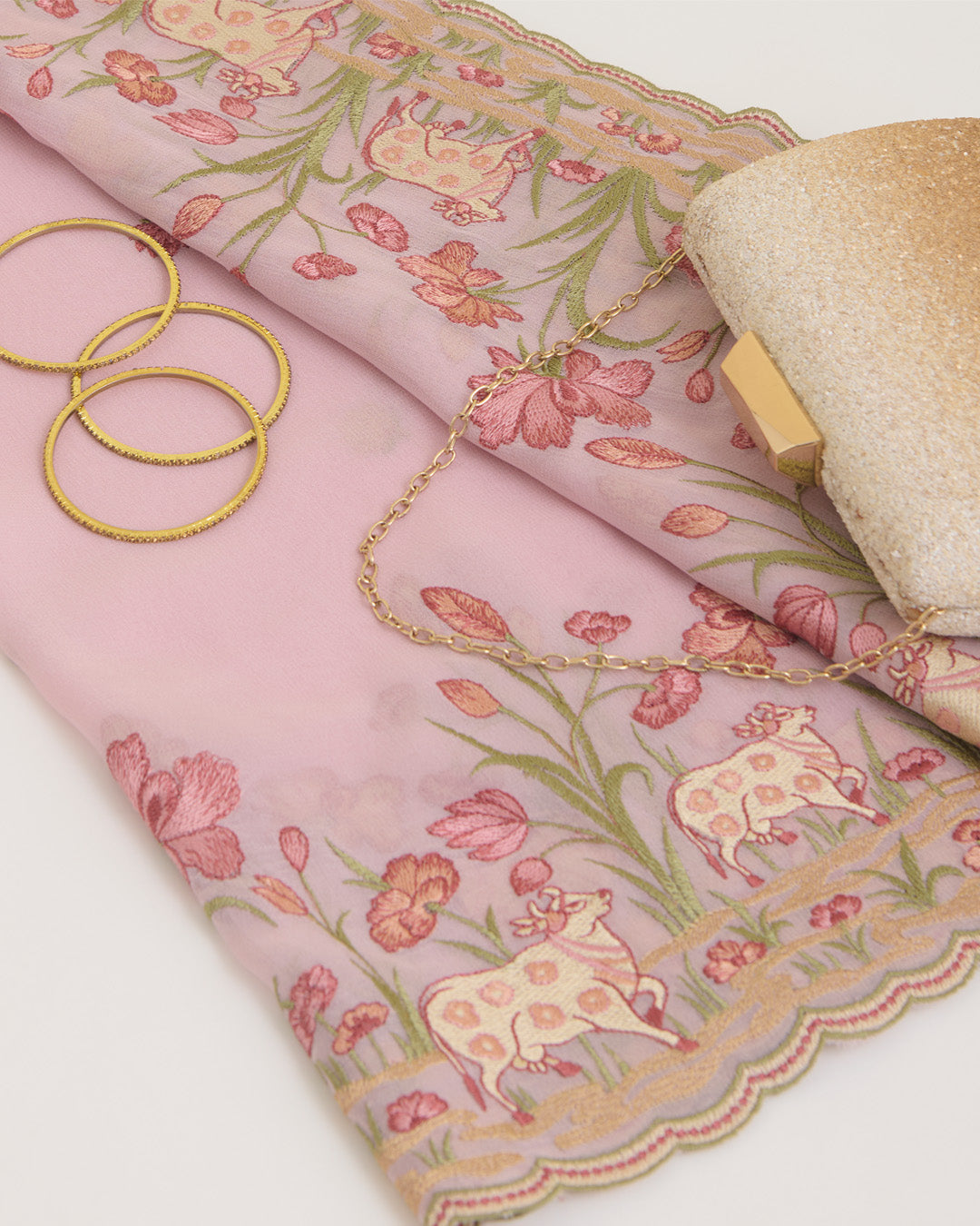 Onion Pink Semi Georgette Dupatta with Kashmiri Work