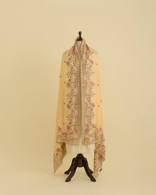 Yellow Semi Georgette Dupatta with Kashmiri Embroidery