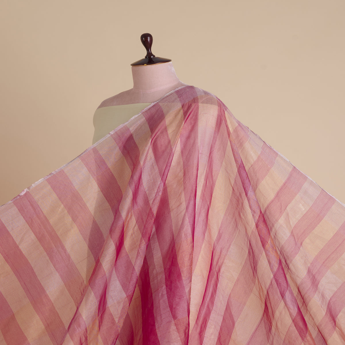 Tomato Red Silk Tissue Handloom Checks Woven Fabric