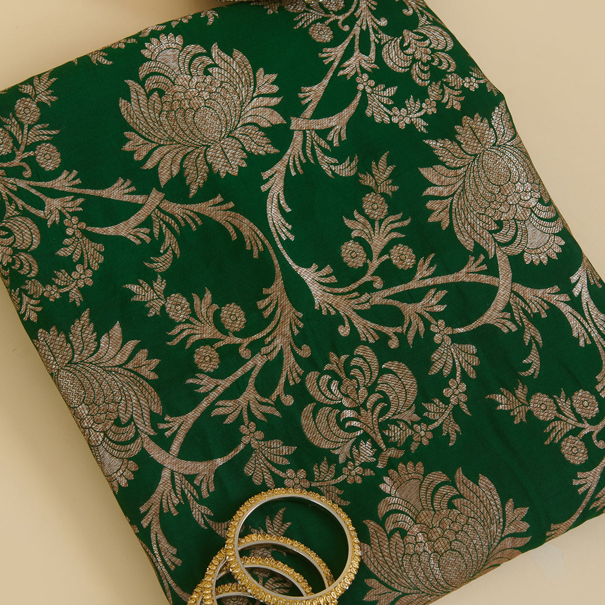 Dark Green Silk Gold Zari Manikeri Kurta Pant Fabric