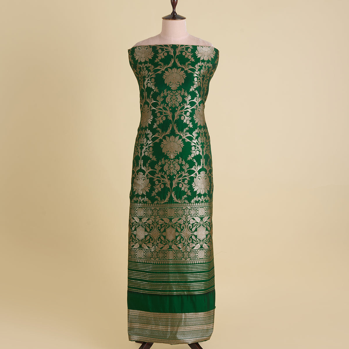 Dark Green Silk Gold Zari Manikeri Kurta Pant Fabric