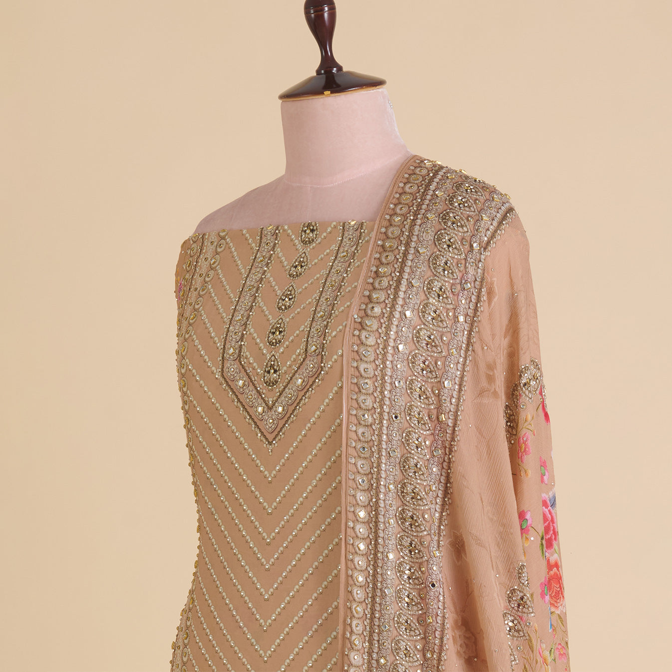Beige Satin Printed Kurta Set with Stone Embroidery