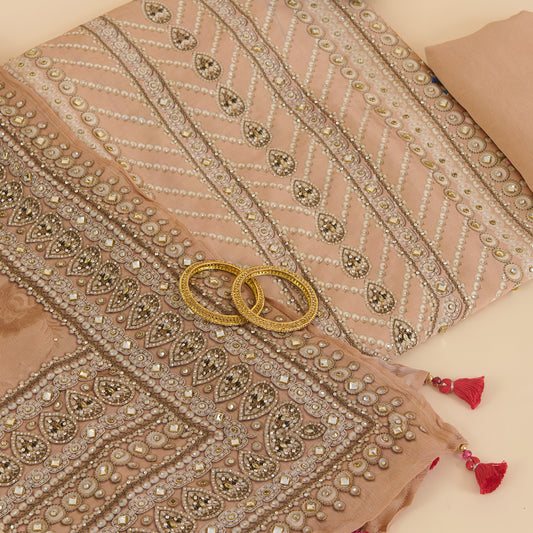 Beige Satin Printed Kurta Set with Stone Embroidery