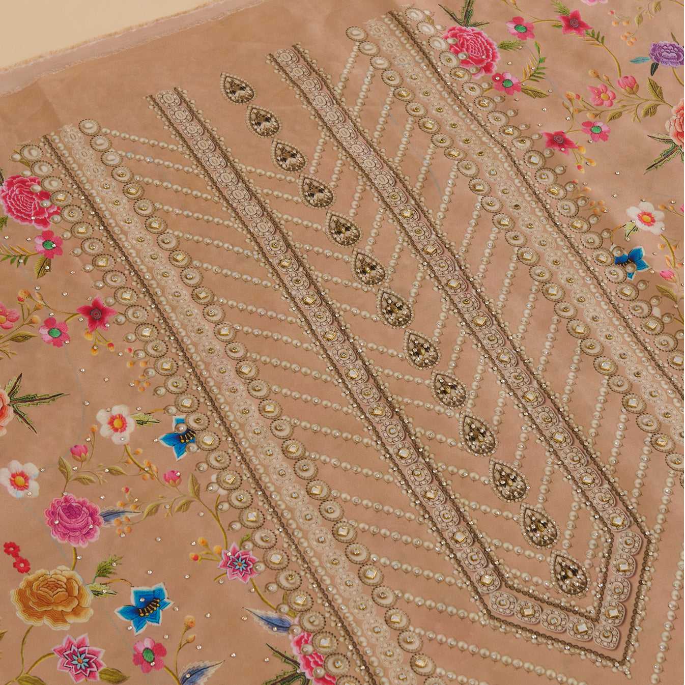 Beige Satin Printed Kurta Set with Stone Embroidery