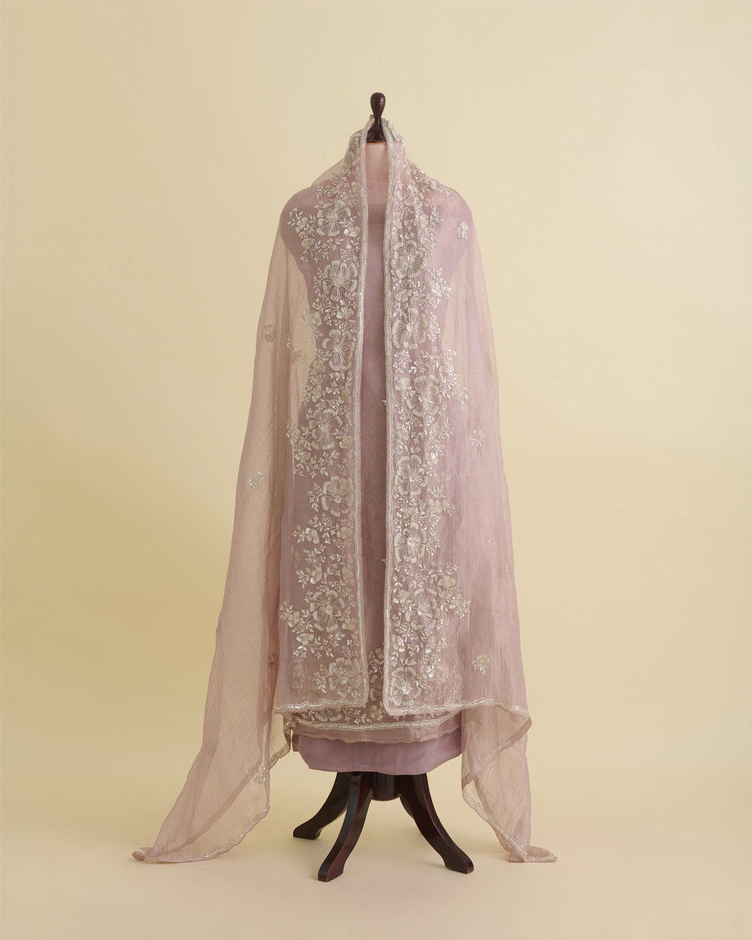 Silk Tissue Organza Suit with Zardozi & Sequin Embroidery Dusty Peach
