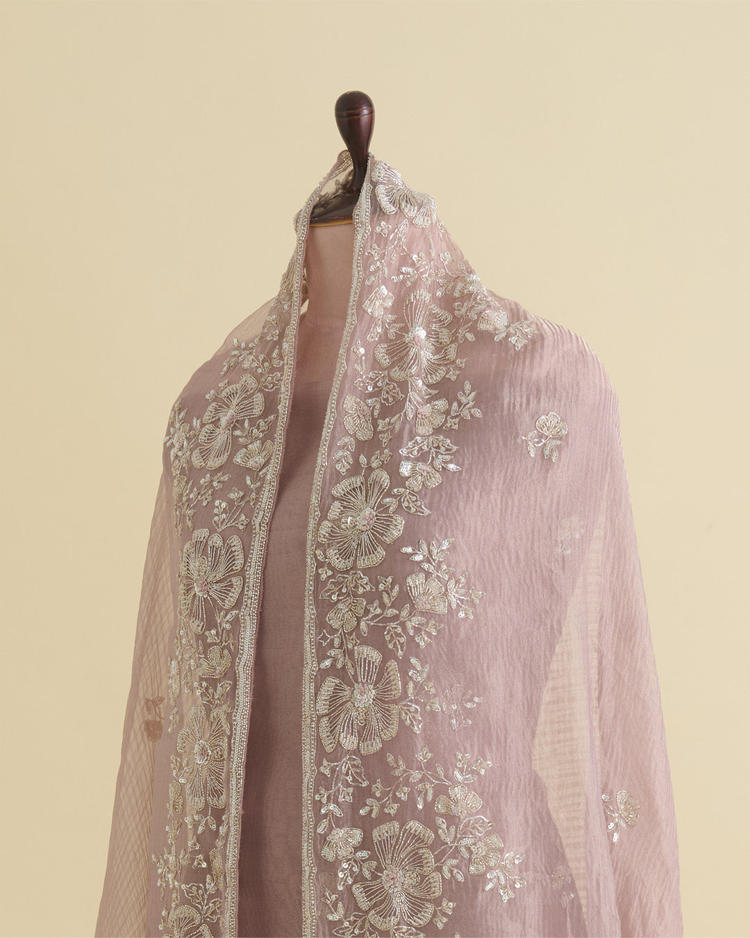 Dusty Peach Silk Tissue Organza Suit with Zardozi & Sequin Embroidery