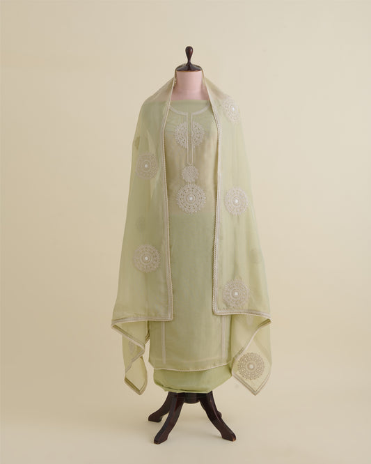 Pista Green Shimmer Tissue Suit with Embroidery & Zari Dupatta