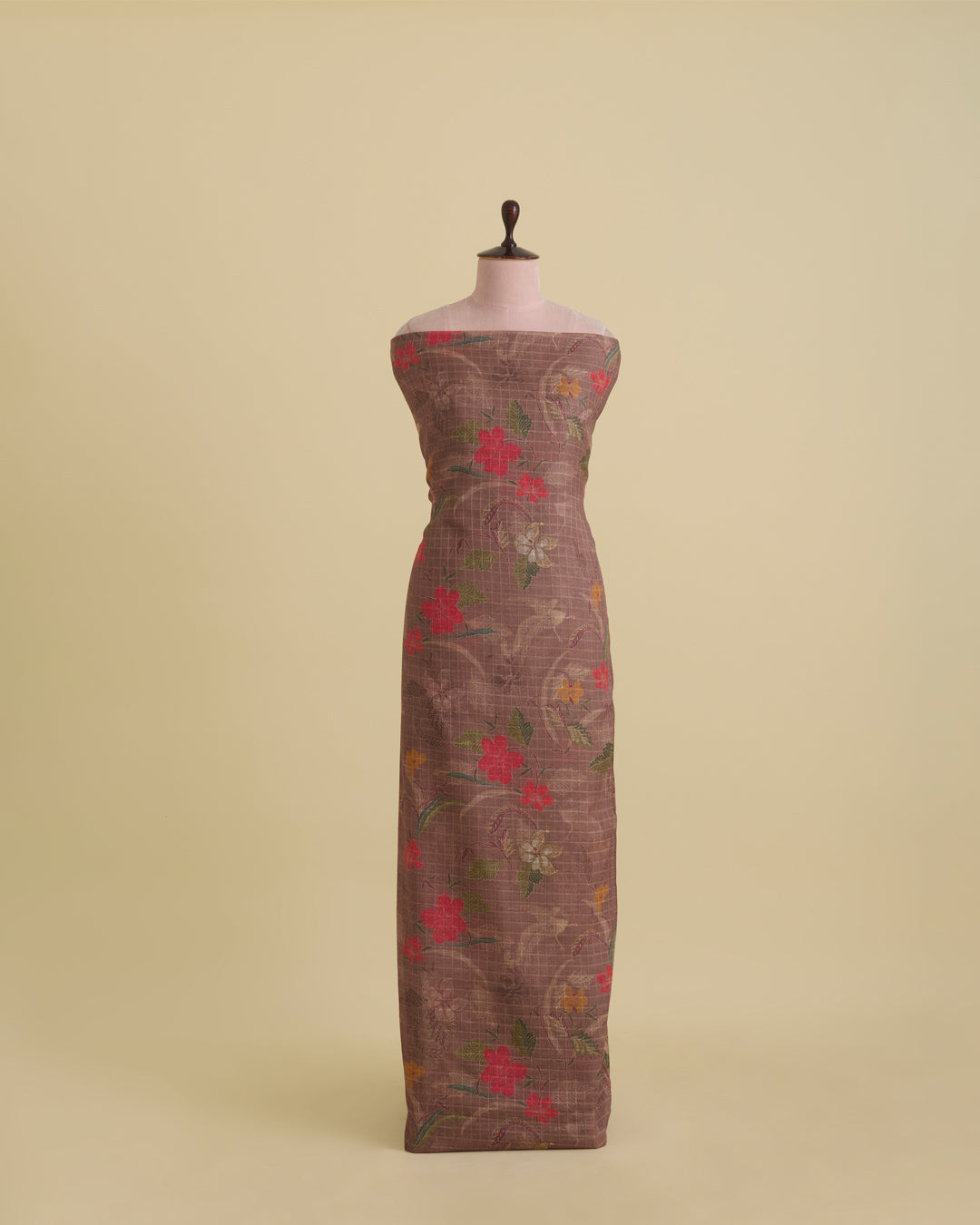 Tussar Self Checks Printed Fabric – Brown