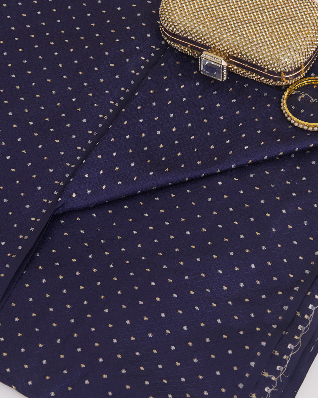 Navy Blue Tanchoi Gold & Silver Dots Woven