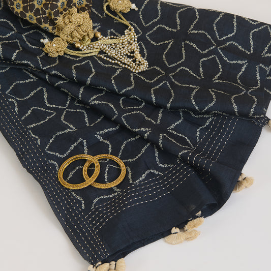 Blue Tussar Silk Printed Dupatta with Katha Work