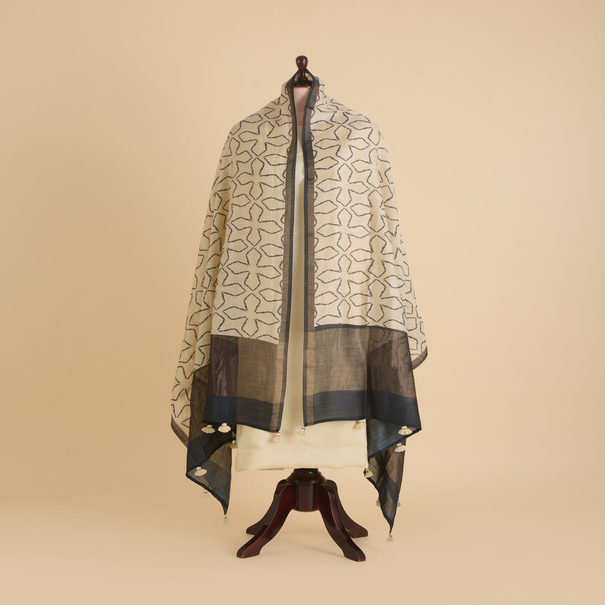 Beige Blue Tussar Silk Printed Dupatta
