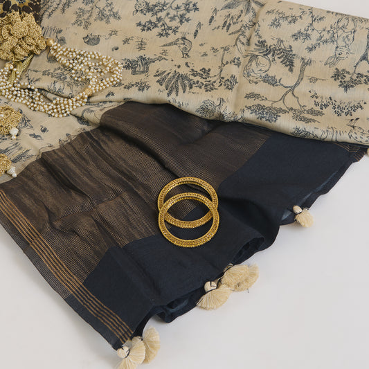 Beige Blue Tussar Silk Printed Dupatta