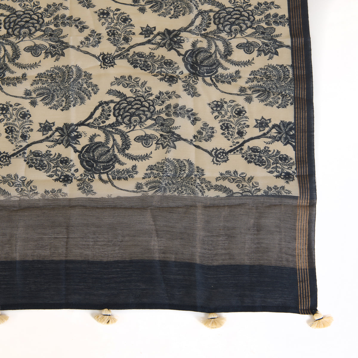 Beige & Blue Printed Tussar Silk Dupatta