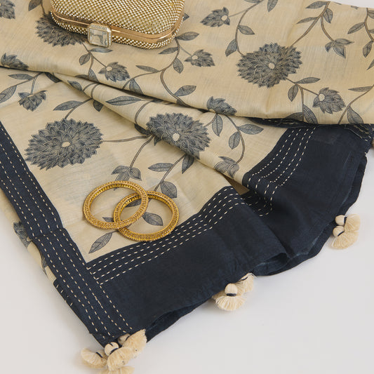 Beige Blue Tussar Silk Printed Dupatta with Katha Work