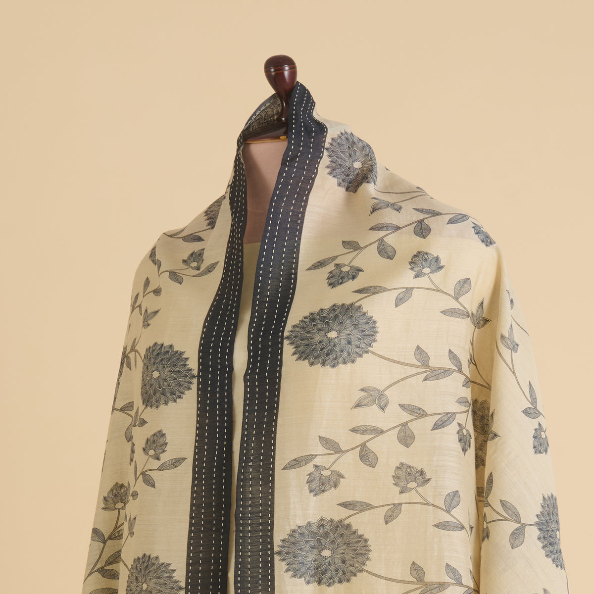 Beige Blue Tussar Silk Printed Dupatta with Katha Work