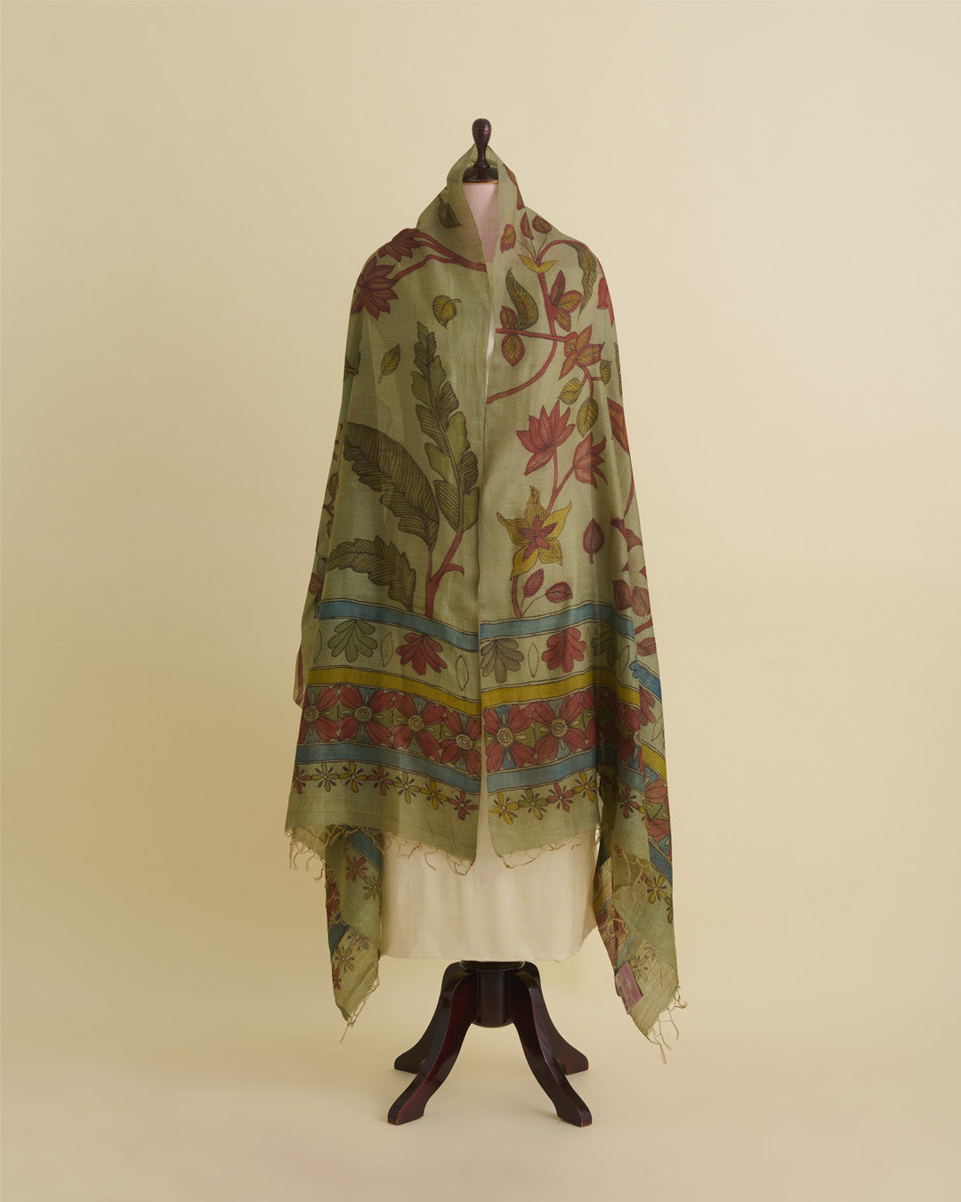 Dusty Green Tussar Kalamkari Printed Dupatta