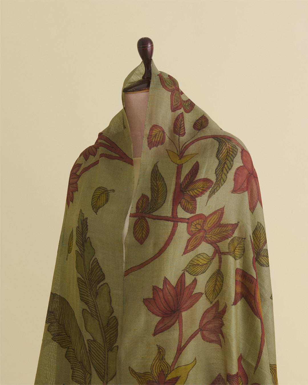 Dusty Green Tussar Kalamkari Printed Dupatta