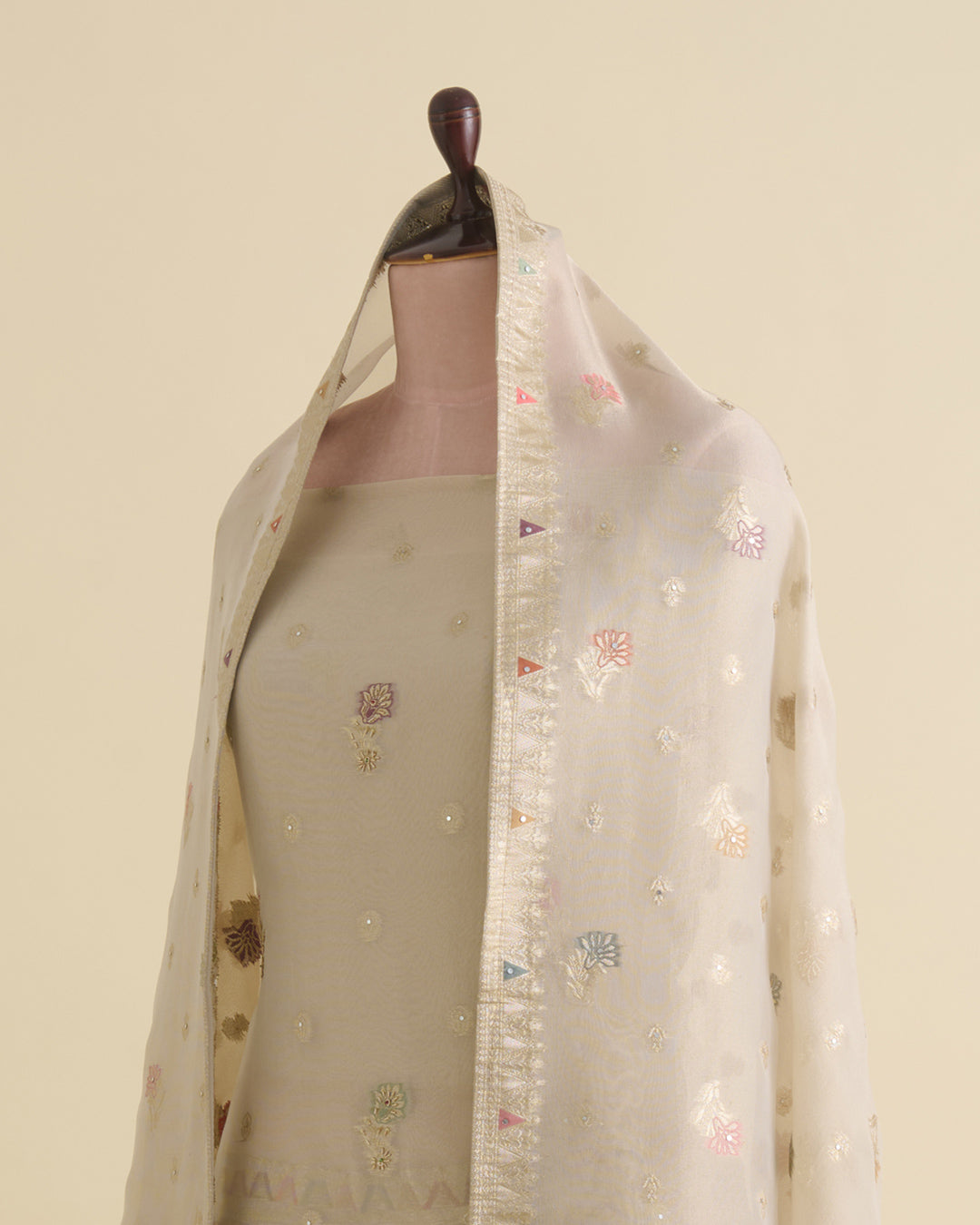 Beige Tissue Lurex Kurta Set with Multicolour Butti & Zardozi Work