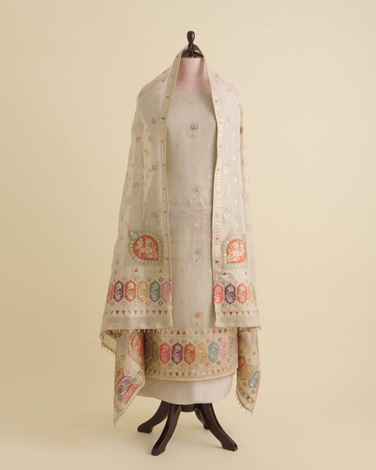 Beige Tissue Lurex Kurta Set with Multicolour Butti & Zardozi Work
