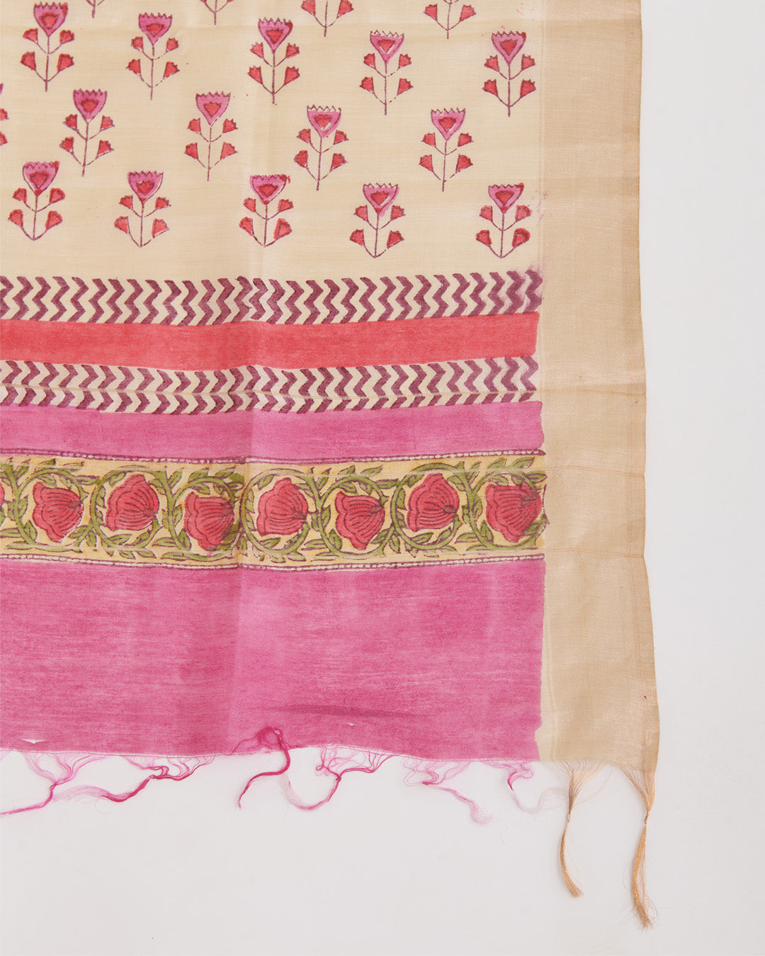 Beige Pink Tussar Printed Suit with Dupatta & Cotton Silk Bottom