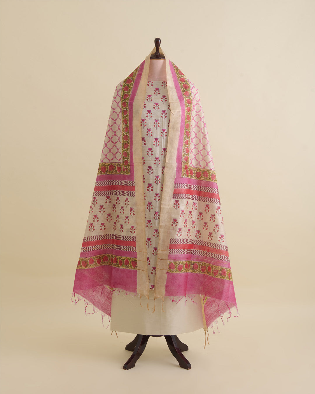 Beige Pink Tussar Printed Suit with Dupatta & Cotton Silk Bottom
